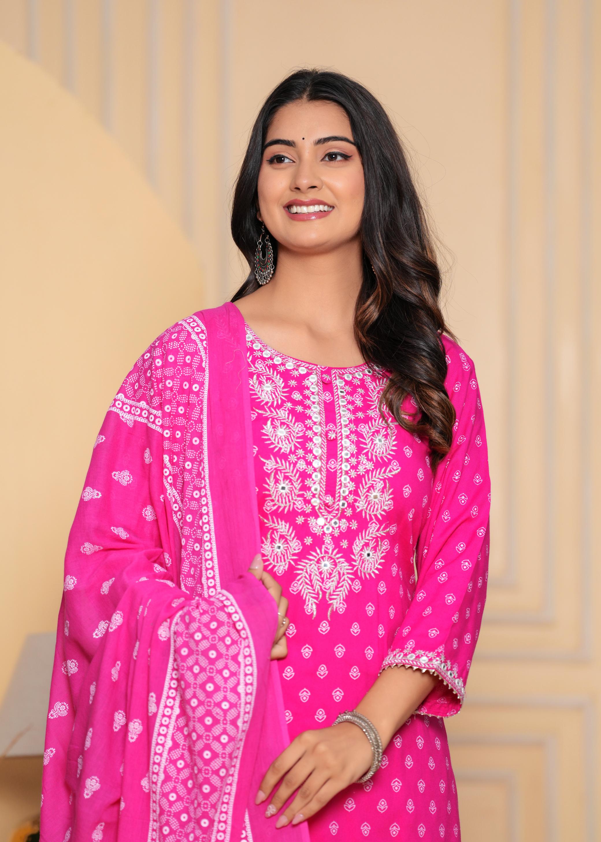 Pink Printed Cotton Kurta Set