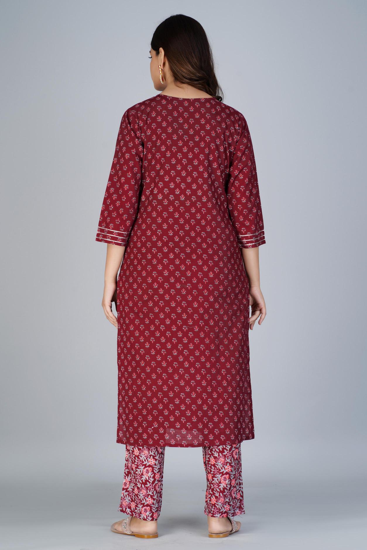 Maroon Printed Cotton Kurta Set