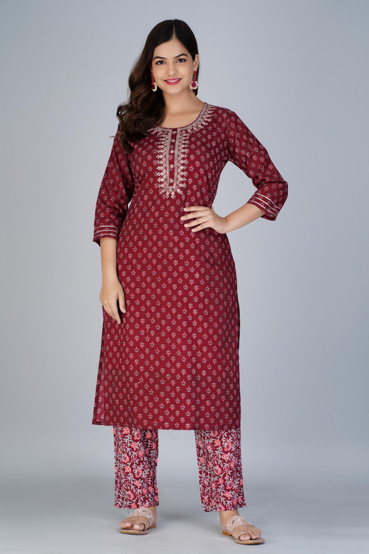 Maroon Printed Cotton Kurta Set