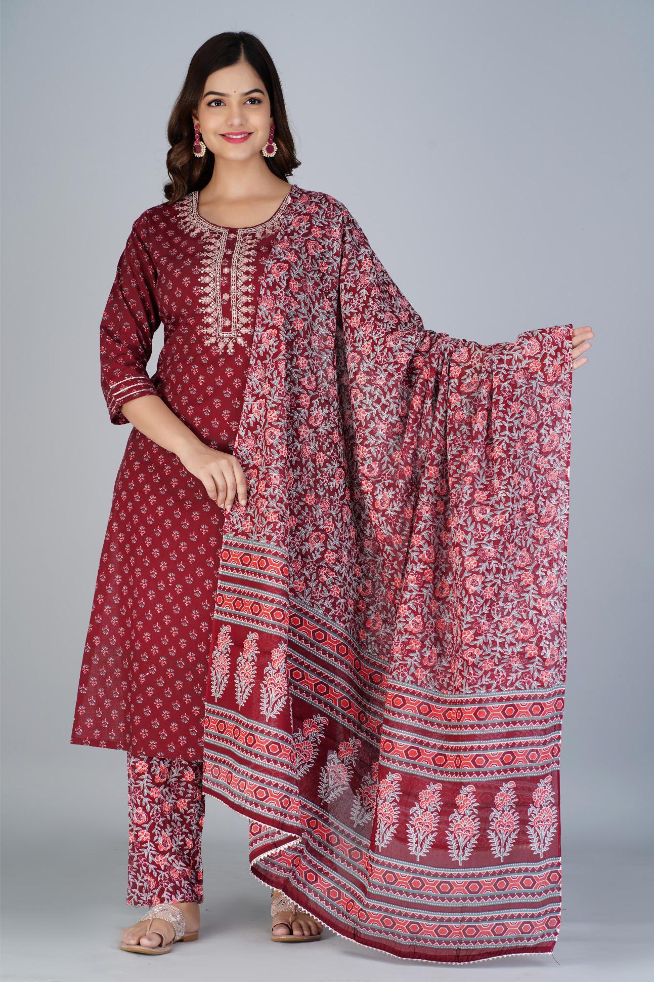 Maroon Printed Cotton Kurta Set