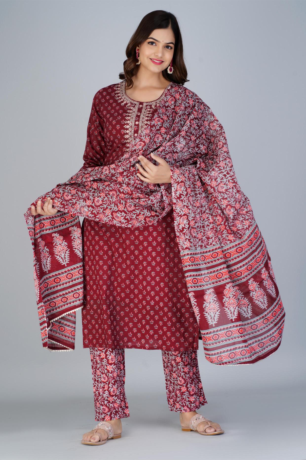 Maroon Printed Cotton Kurta Set