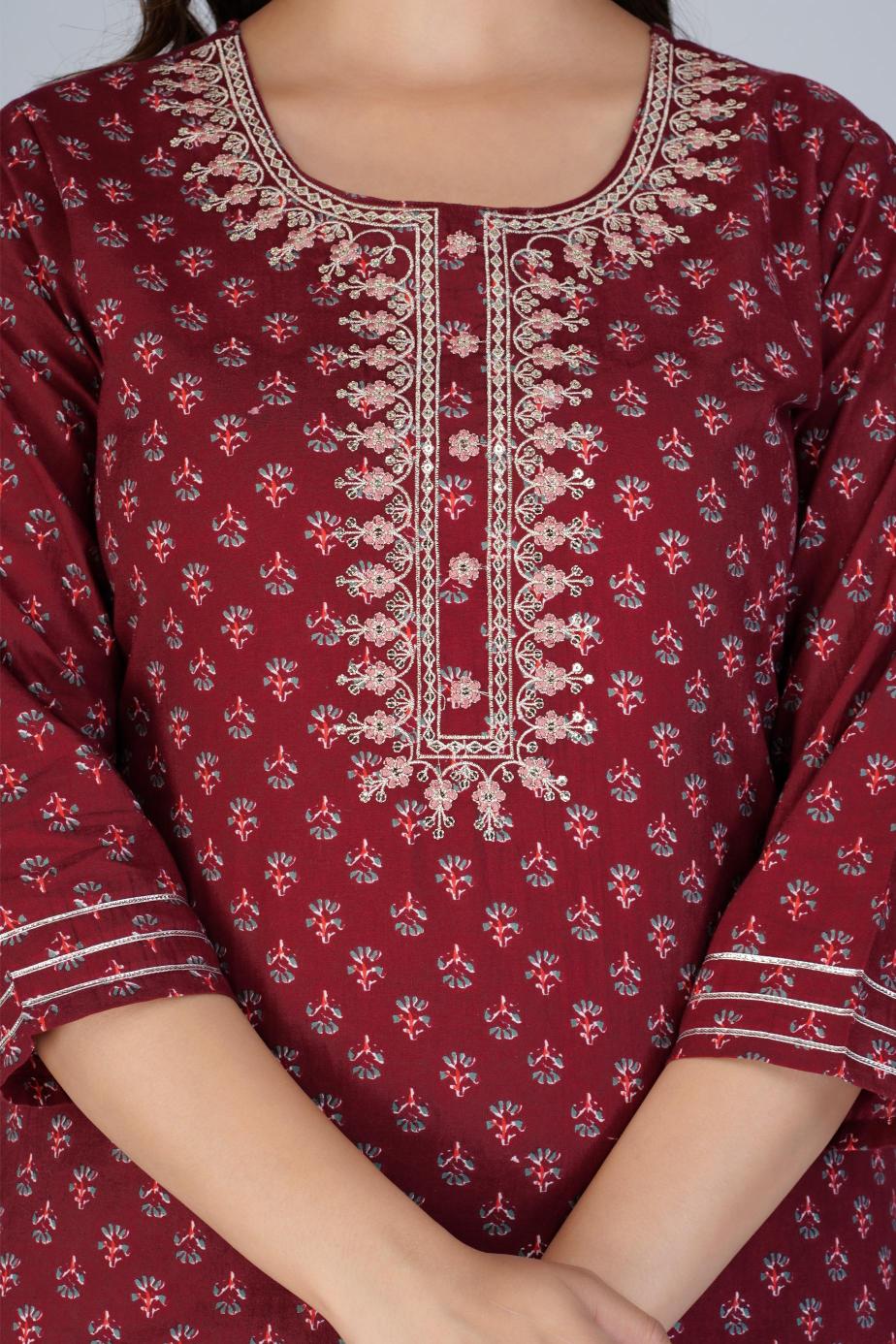 Maroon Printed Cotton Kurta Set
