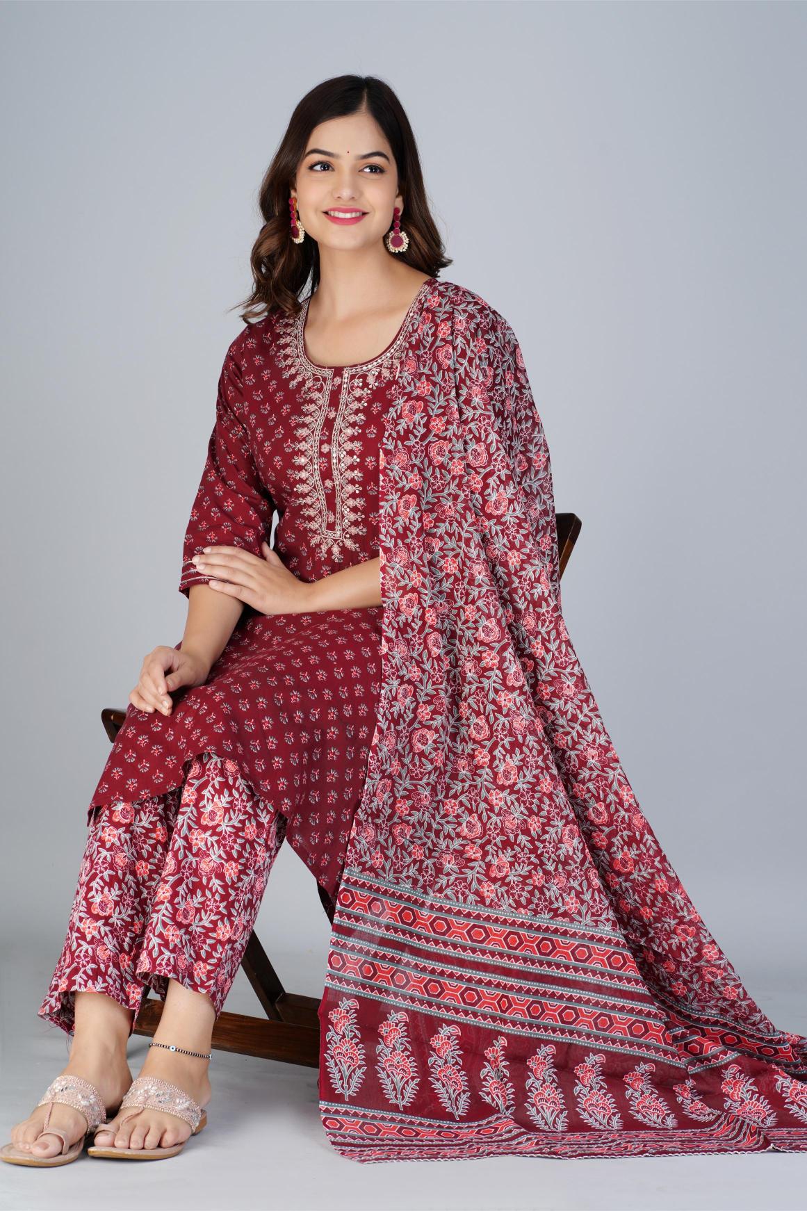Maroon Printed Cotton Kurta Set