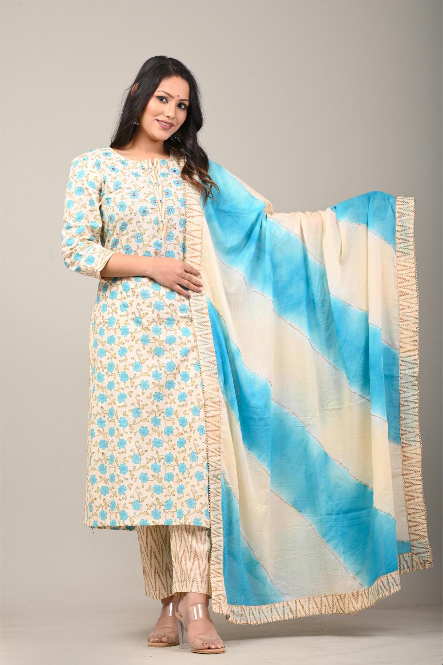 Blue Printed Cotton Kurta Set with Tie-Dye Dupatta