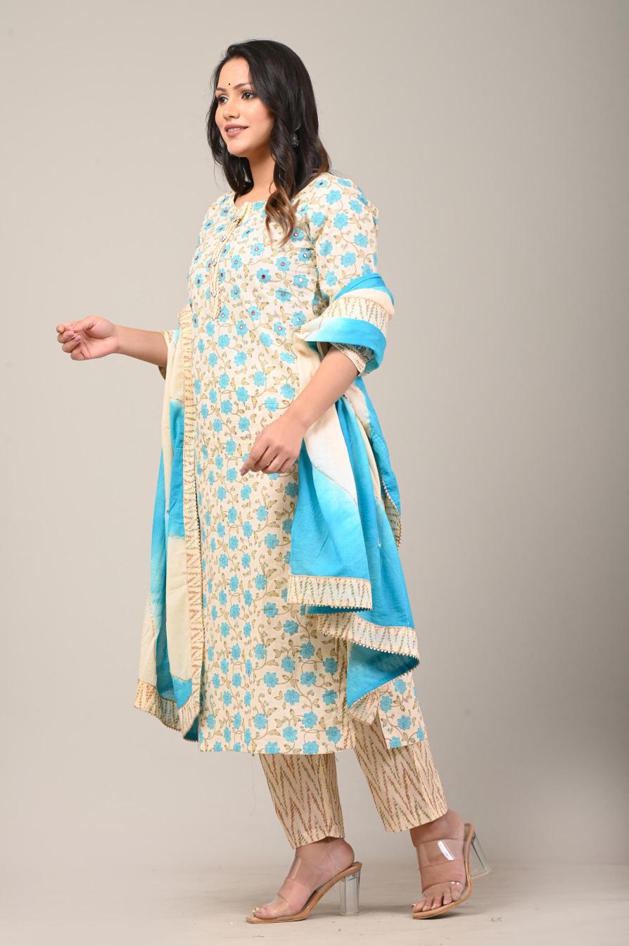 Blue Printed Cotton Kurta Set with Tie-Dye Dupatta