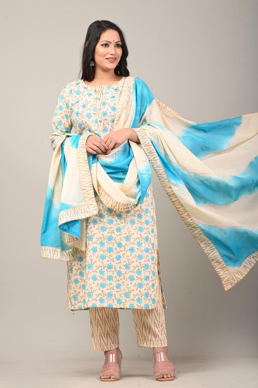 Blue Printed Cotton Kurta Set with Tie-Dye Dupatta