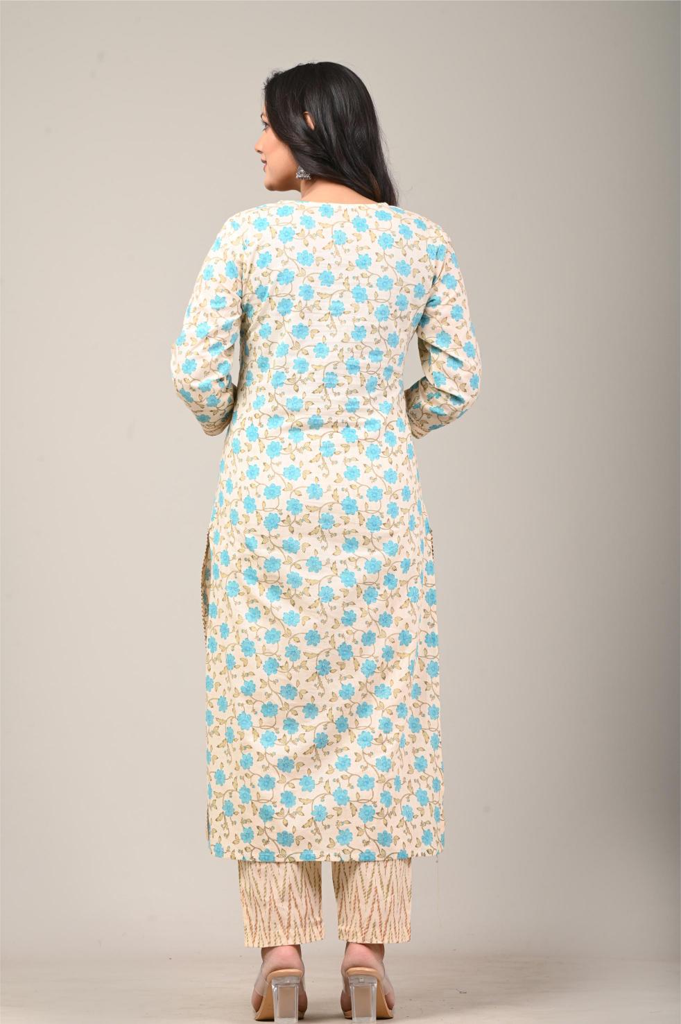 Blue Printed Cotton Kurta Set with Tie-Dye Dupatta