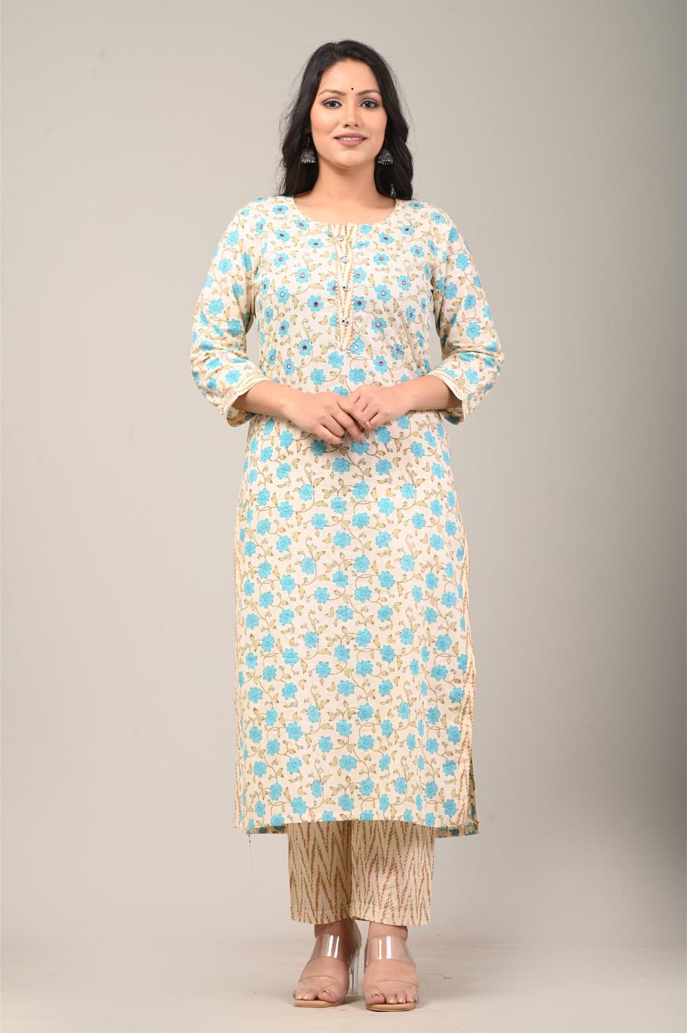 Blue Printed Cotton Kurta Set with Tie-Dye Dupatta