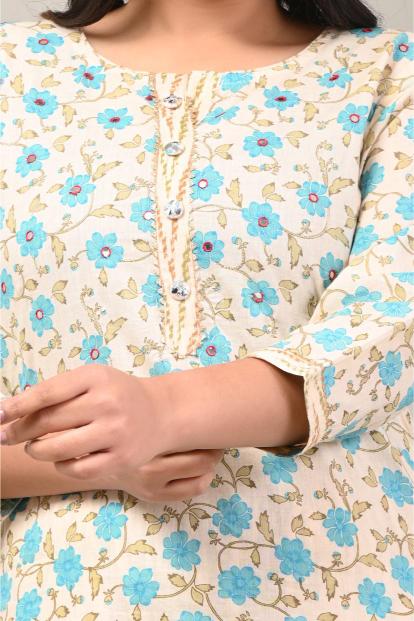 Blue Printed Cotton Kurta Set with Tie-Dye Dupatta
