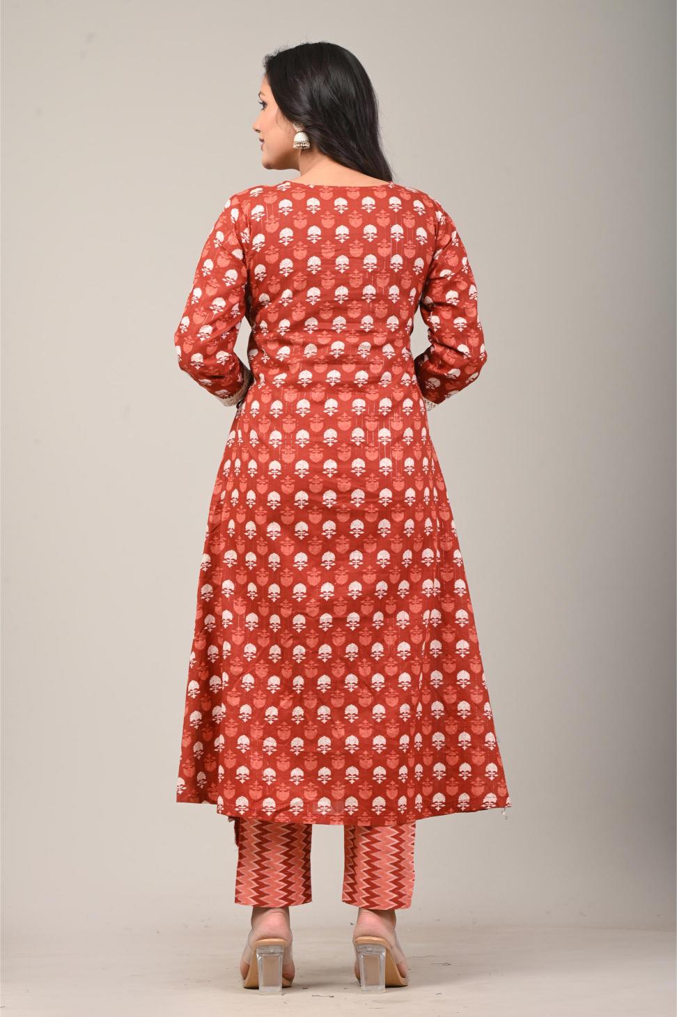 Rust Red Printed Anarkali Kurta Set