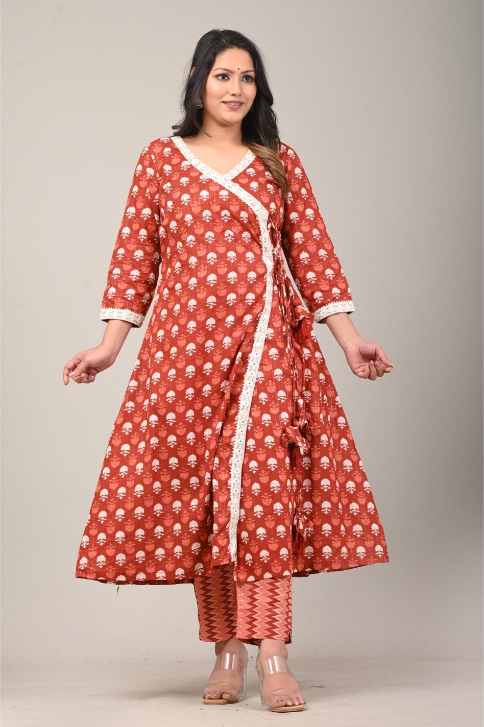 Rust Red Printed Anarkali Kurta Set
