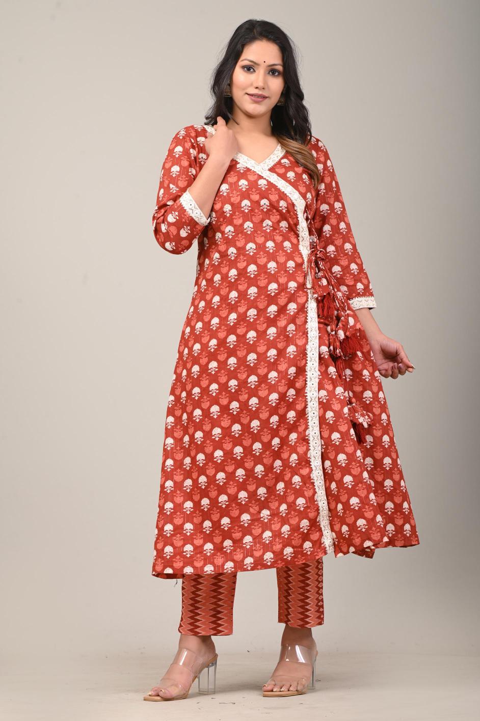 Rust Red Printed Anarkali Kurta Set