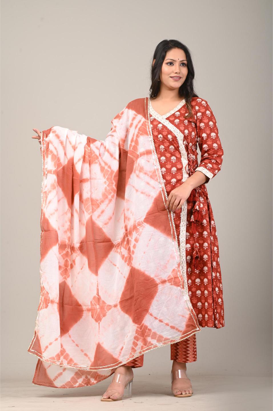Rust Red Printed Anarkali Kurta Set