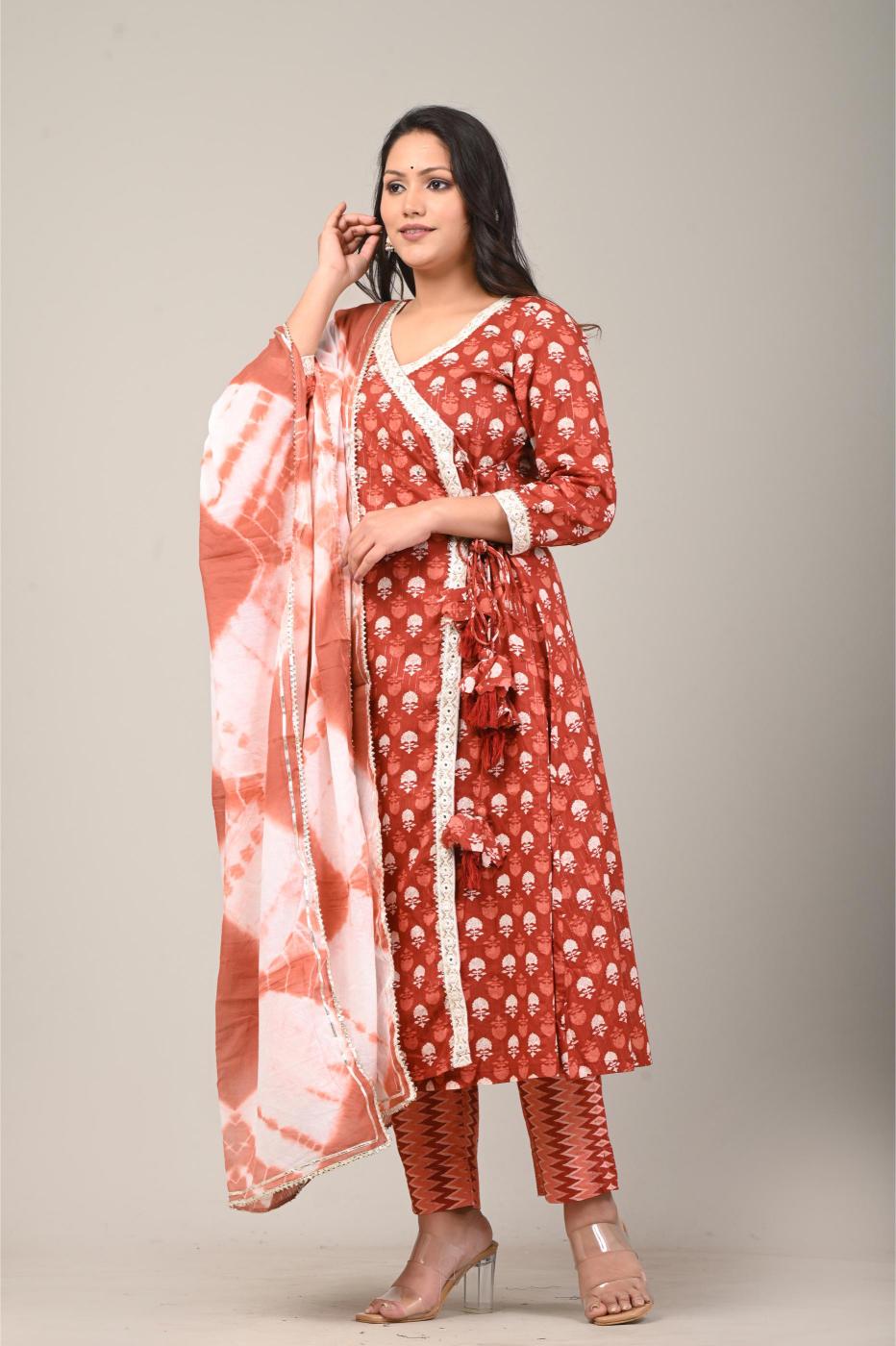 Rust Red Printed Anarkali Kurta Set