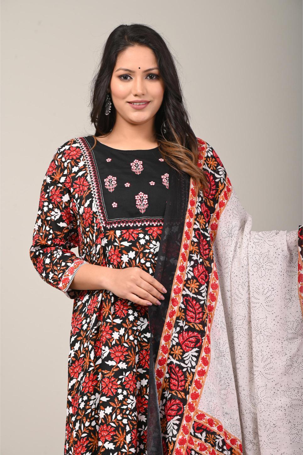 Floral Printed Cotton Kurta Set with Contrasting Dupatta