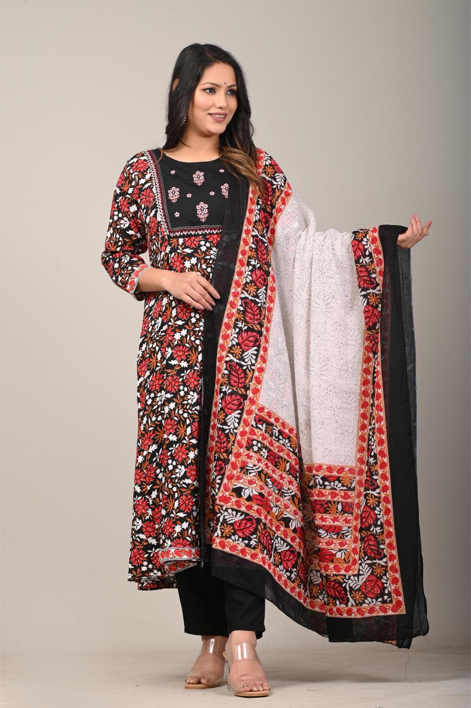 Floral Printed Cotton Kurta Set with Contrasting Dupatta
