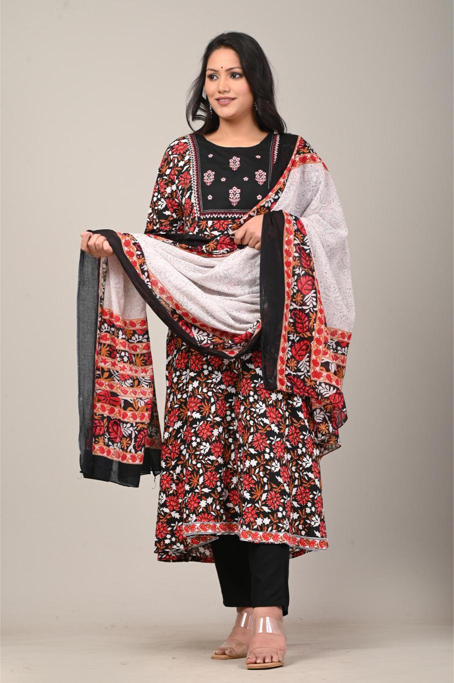 Floral Printed Cotton Kurta Set with Contrasting Dupatta