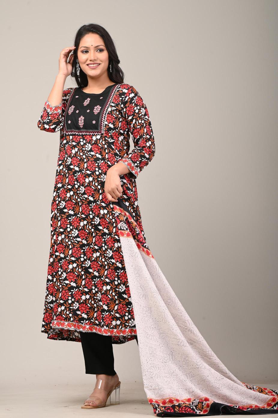 Floral Printed Cotton Kurta Set with Contrasting Dupatta