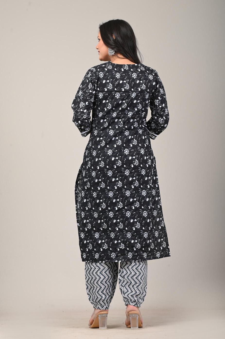 Black & White Printed Cotton Suit Set