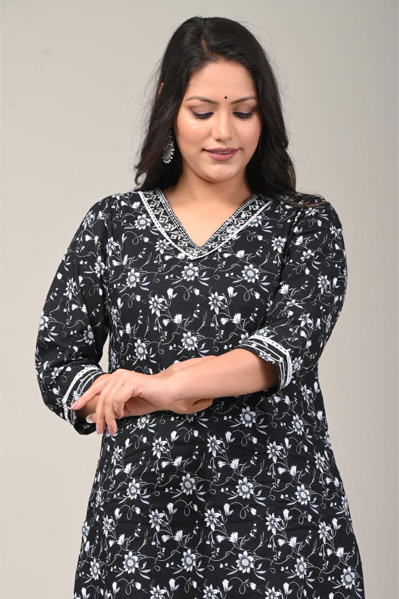 Black & White Printed Cotton Suit Set