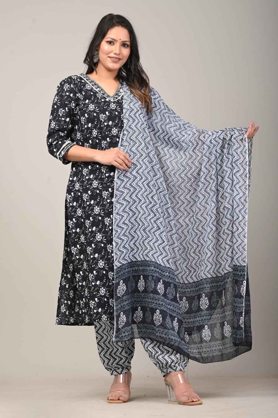 Black & White Printed Cotton Suit Set