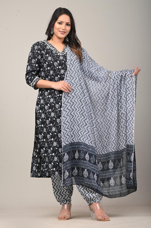 Black & White Printed Cotton Suit Set