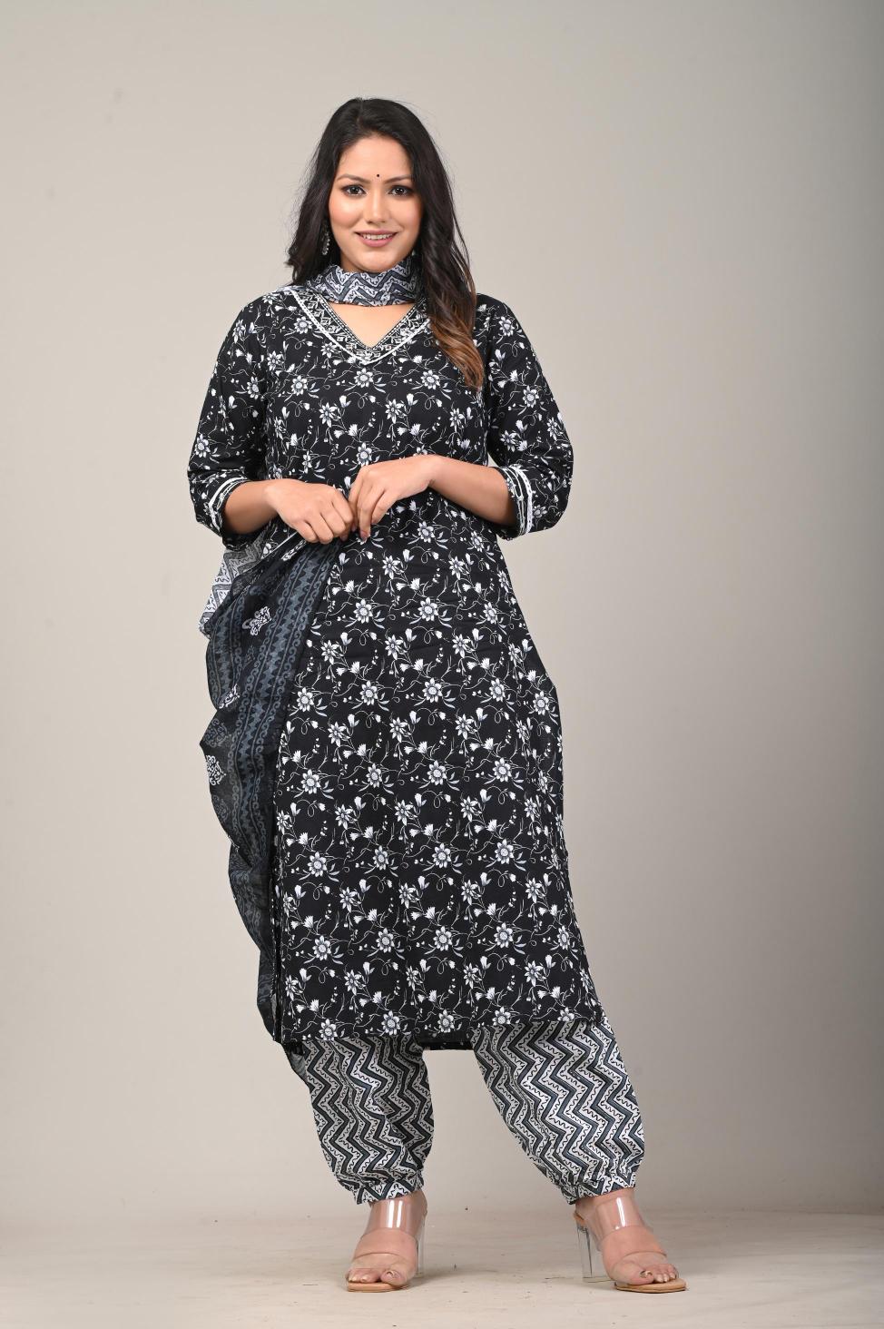 Black & White Printed Cotton Suit Set