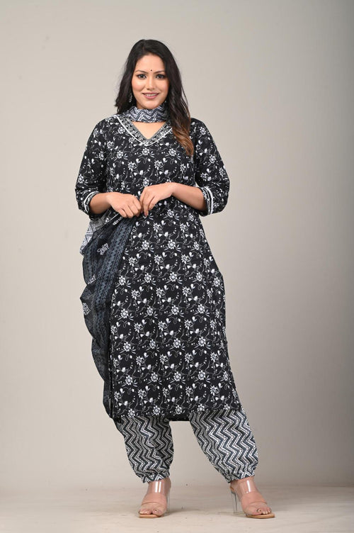 Black & White Printed Cotton Suit Set