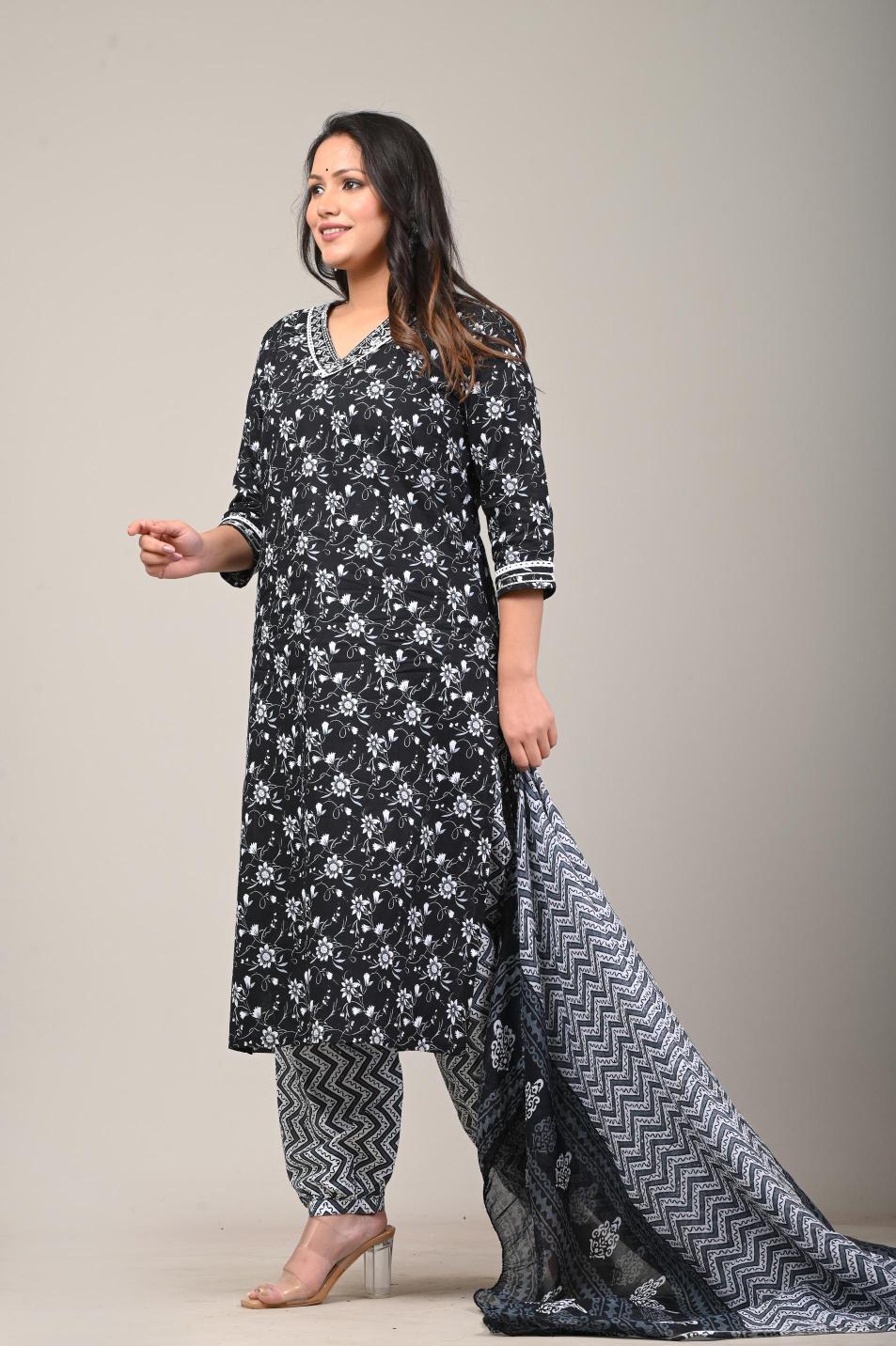 Black & White Printed Cotton Suit Set
