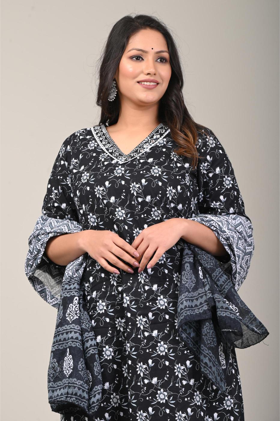 Black & White Printed Cotton Suit Set