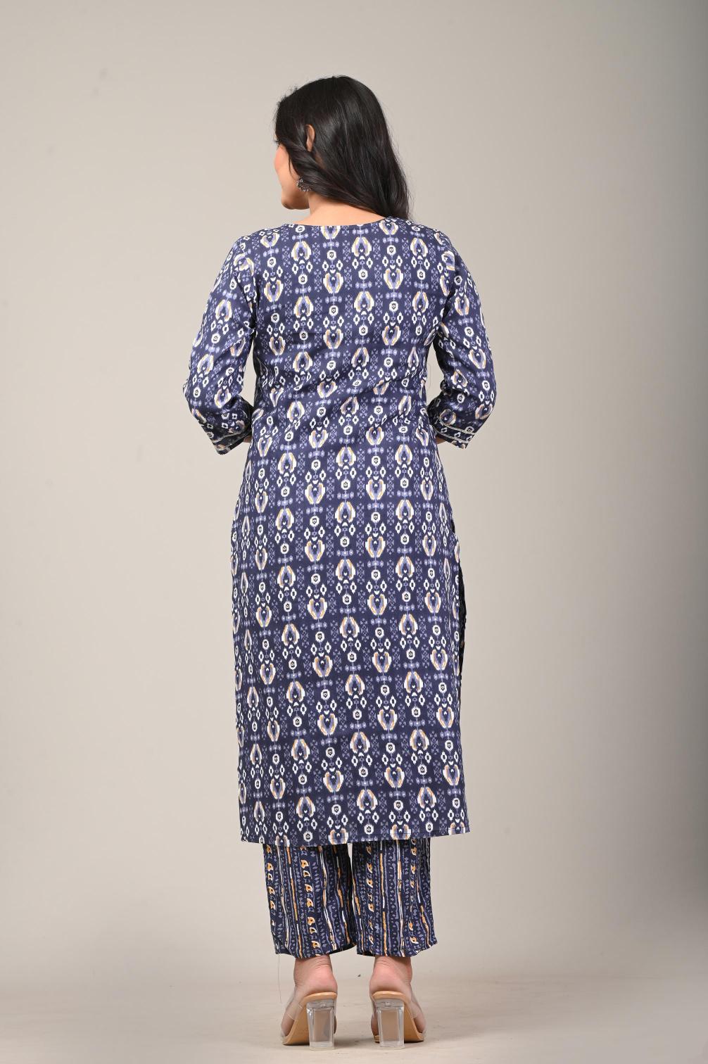Indigo Blue Ikat Printed Cotton Suit Set