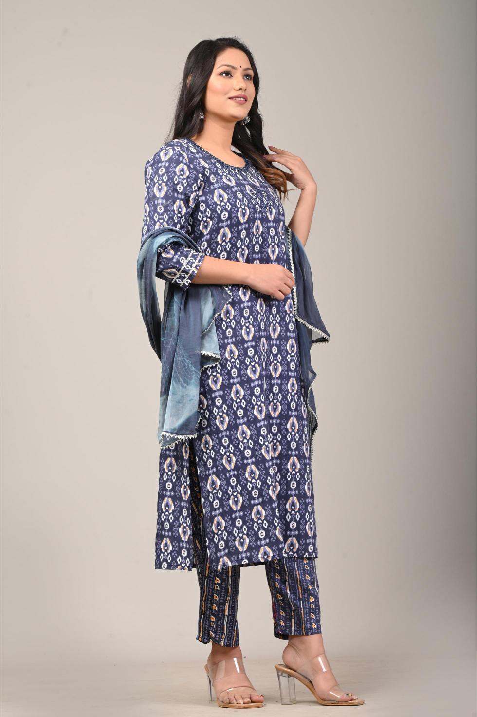 Indigo Blue Ikat Printed Cotton Suit Set