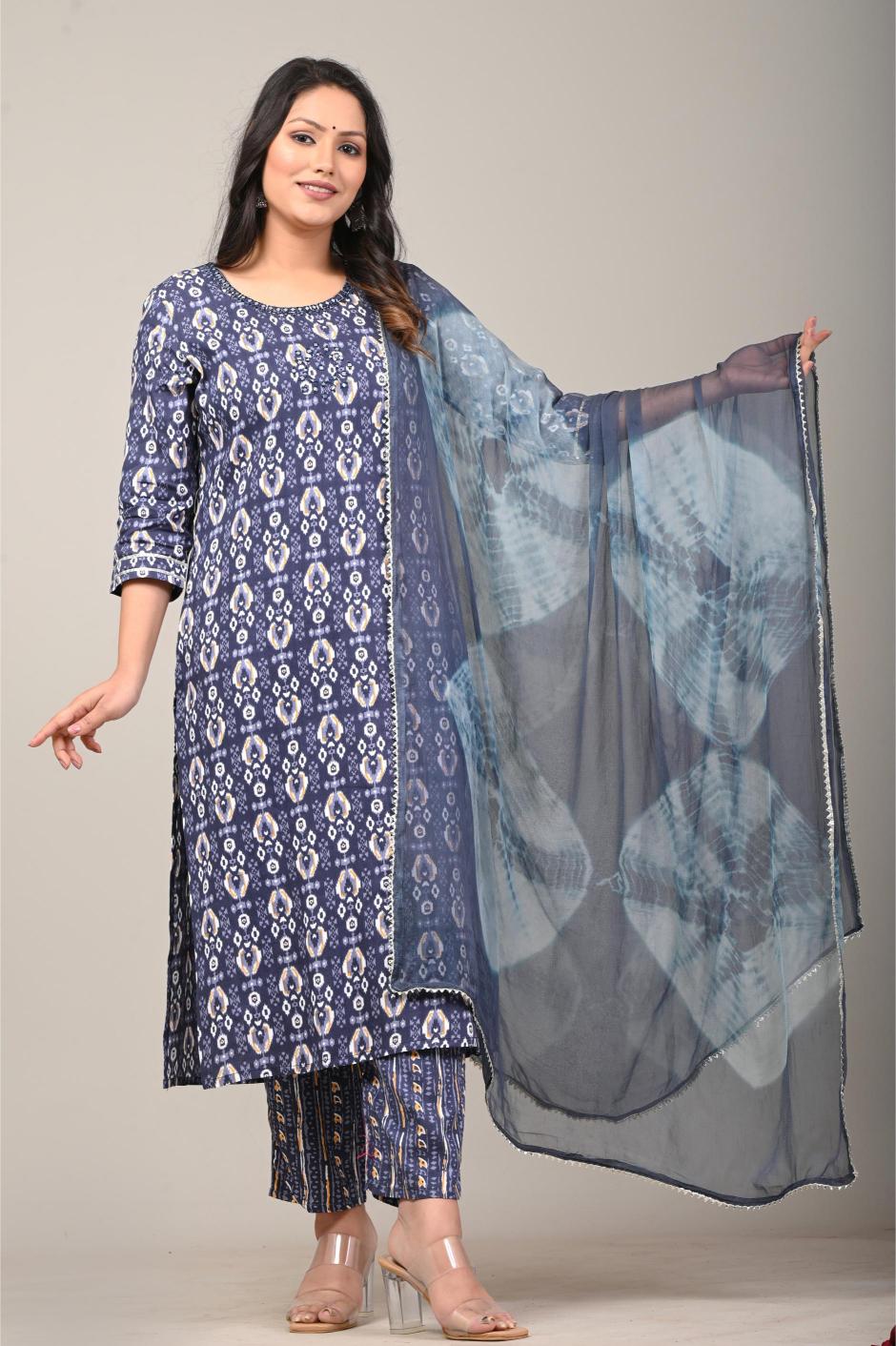 Indigo Blue Ikat Printed Cotton Suit Set
