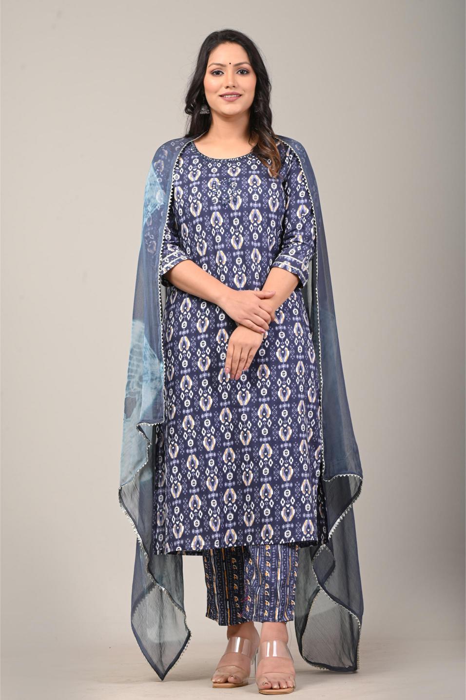 Indigo Blue Ikat Printed Cotton Suit Set