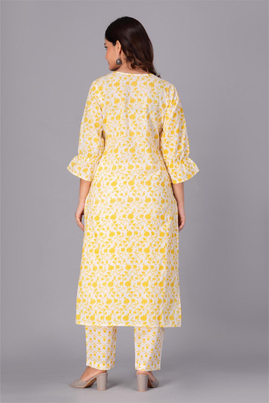 Yellow & White Printed Cotton Suit Set