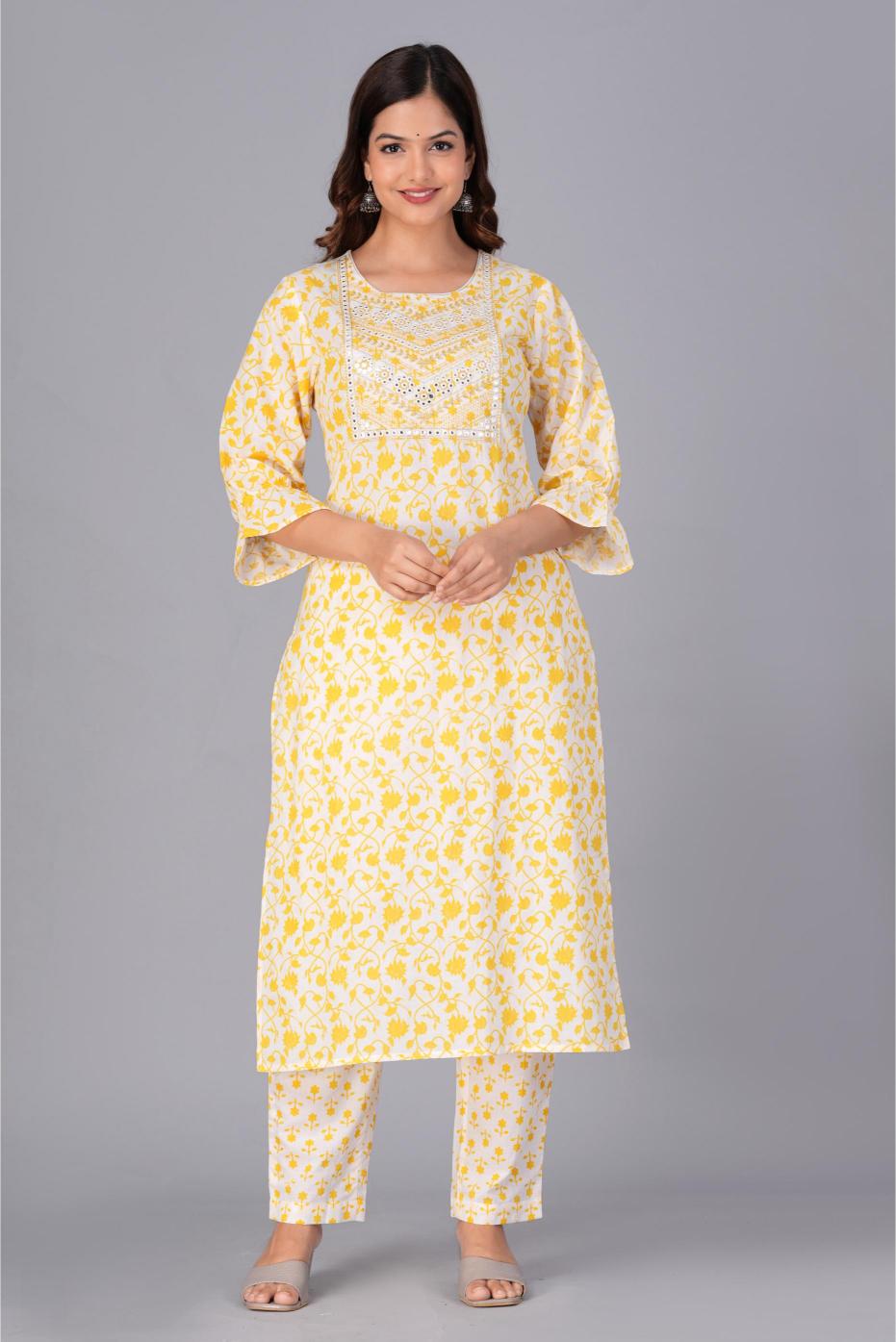 Yellow & White Printed Cotton Suit Set