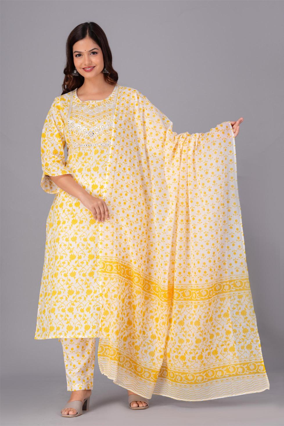 Yellow & White Printed Cotton Suit Set