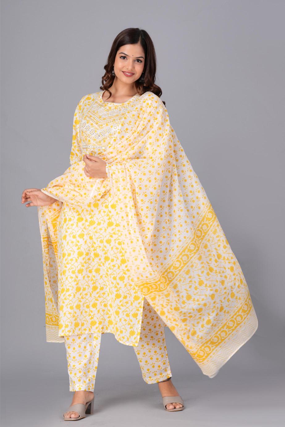 Yellow & White Printed Cotton Suit Set