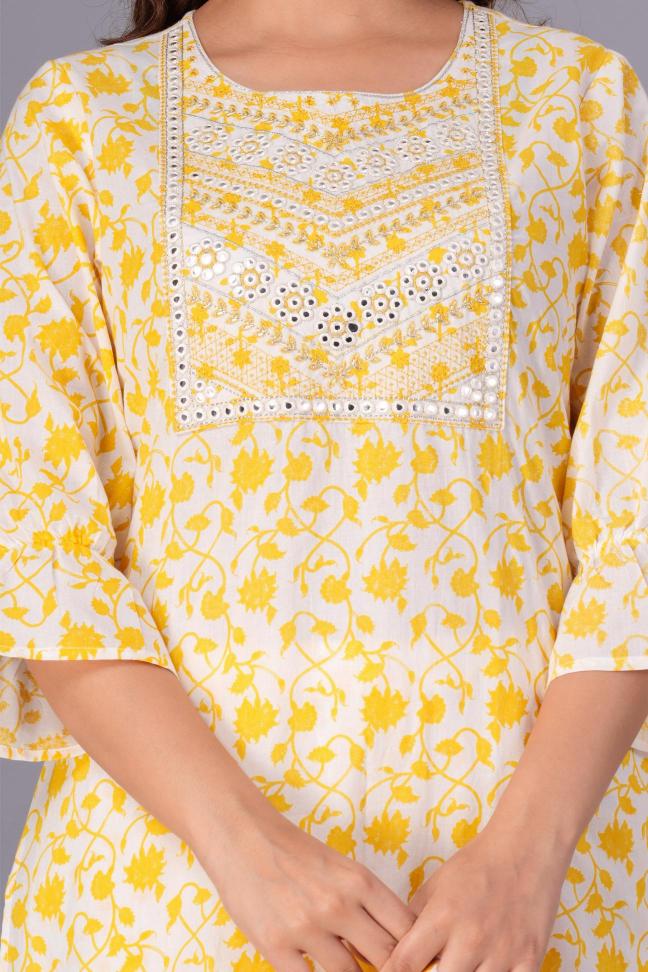 Yellow & White Printed Cotton Suit Set