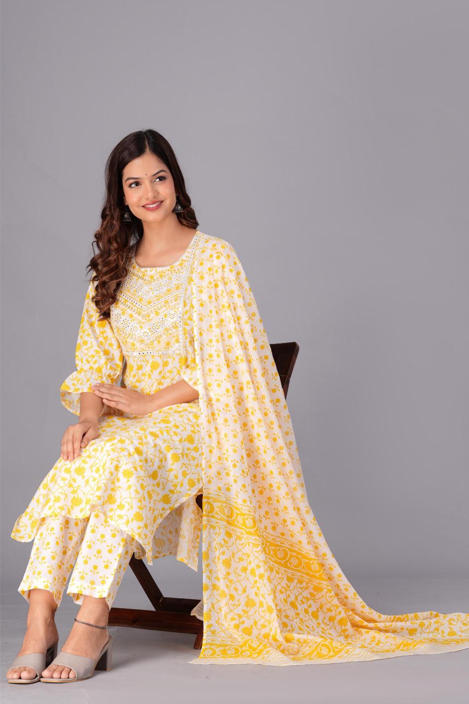 Yellow & White Printed Cotton Suit Set