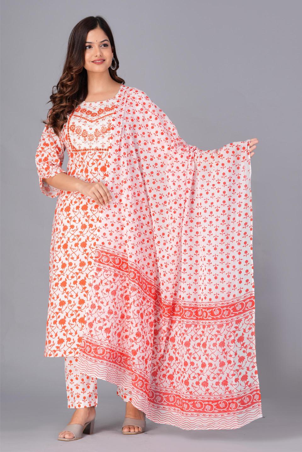 Orange & White Floral Printed Cotton Suit Set
