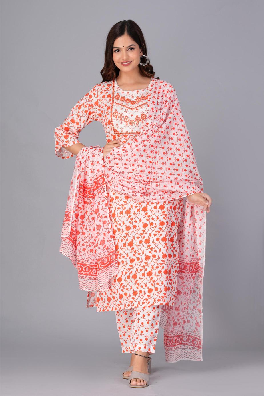 Orange & White Floral Printed Cotton Suit Set