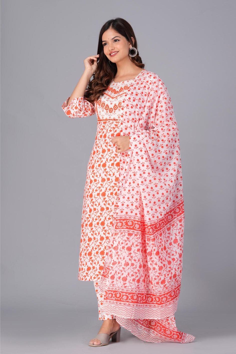 Orange & White Floral Printed Cotton Suit Set