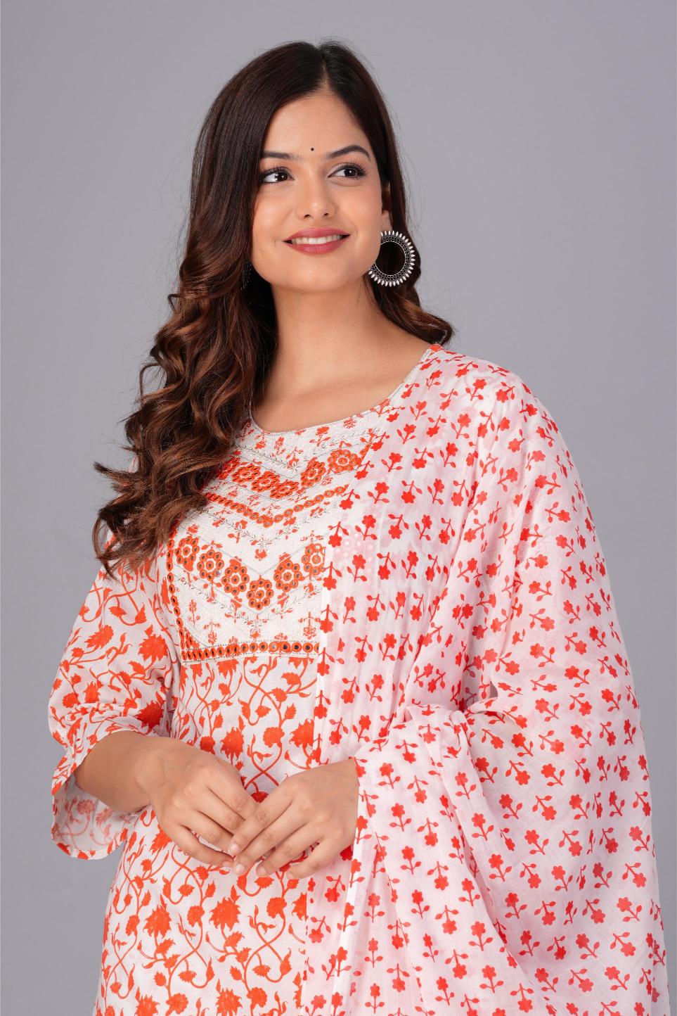 Orange & White Floral Printed Cotton Suit Set