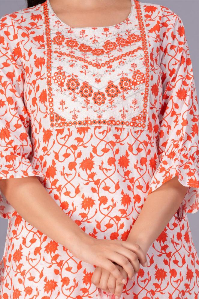 Orange & White Floral Printed Cotton Suit Set