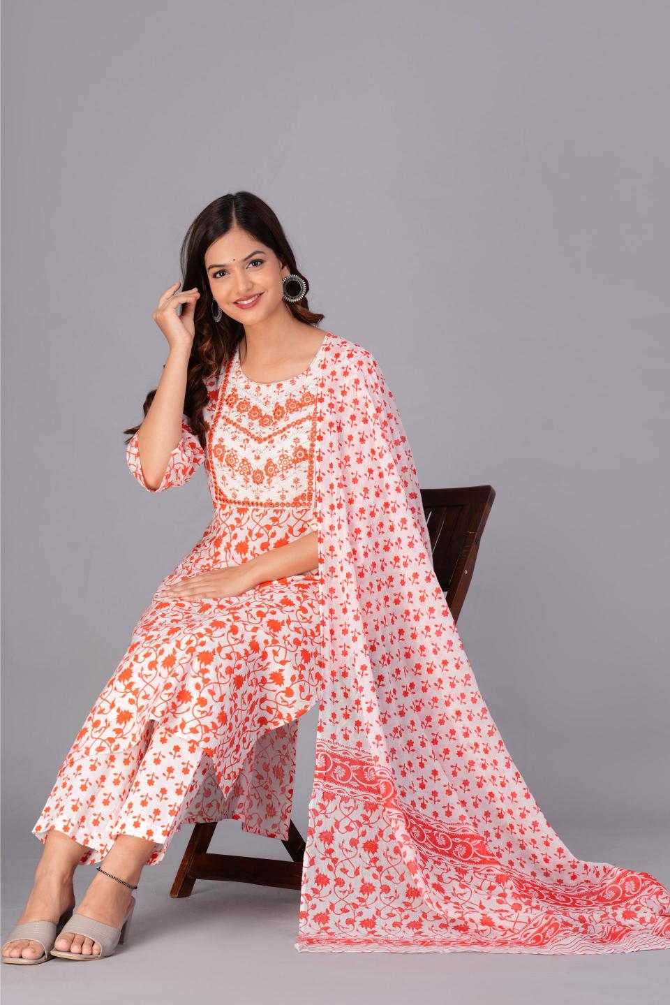 Orange & White Floral Printed Cotton Suit Set