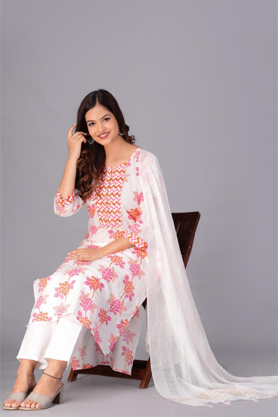 White Floral Printed Cotton Kurta Set
