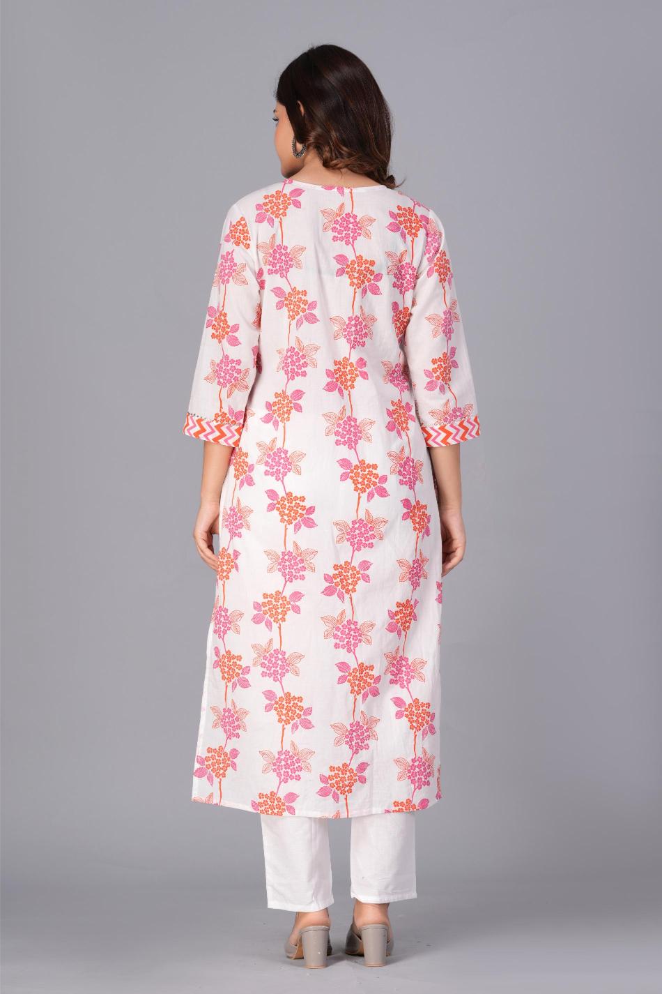 White Floral Printed Cotton Kurta Set