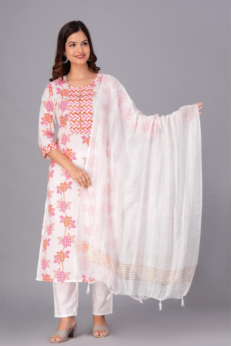 White Floral Printed Cotton Kurta Set