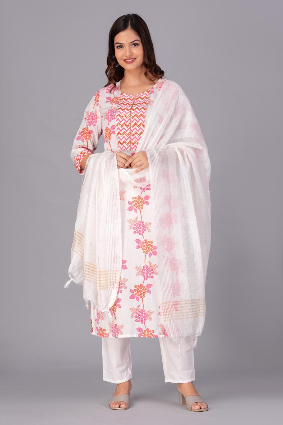 White Floral Printed Cotton Kurta Set